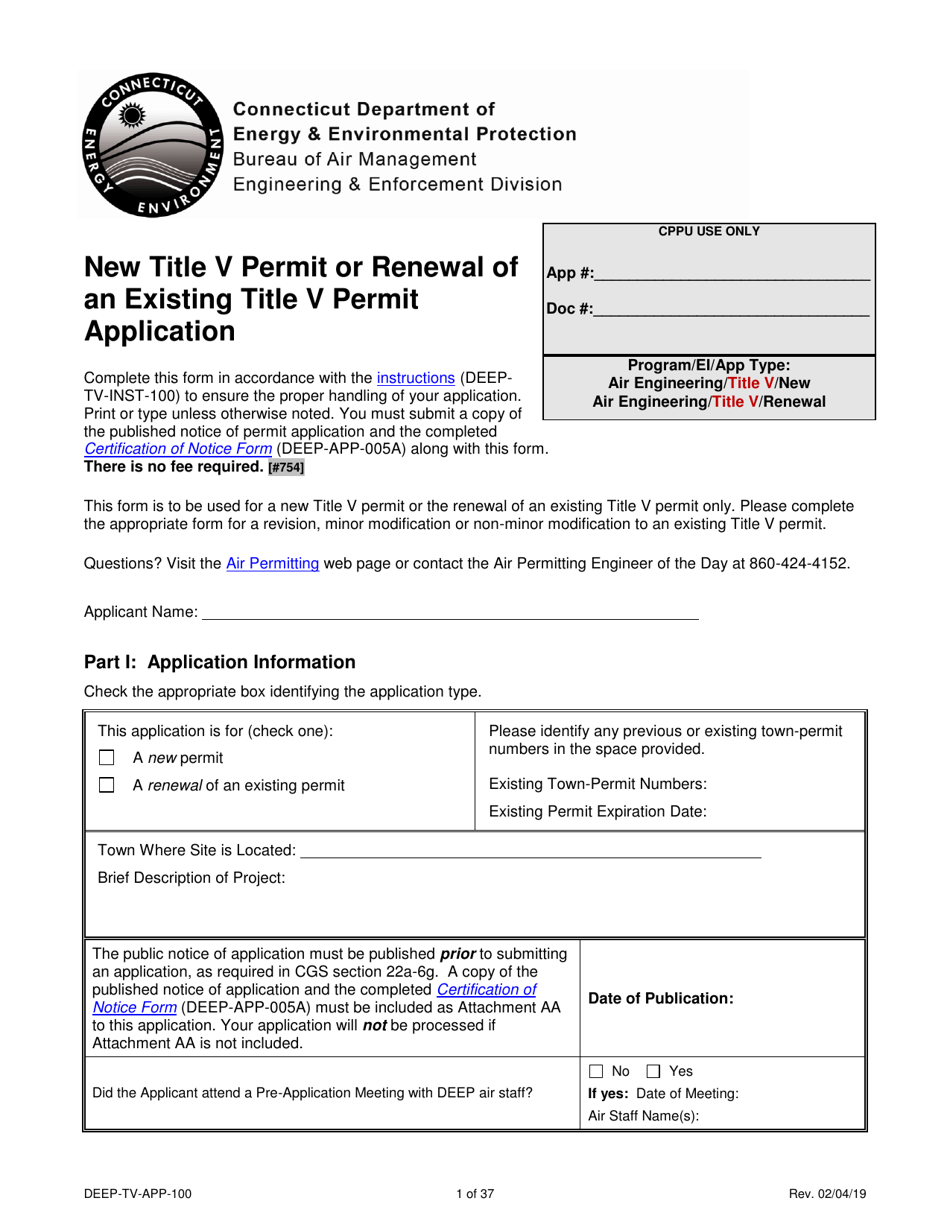 Form DEEP-TV-APP-100 New Title V Permit or Renewal of an Existing Title V Permit Application - Connecticut, Page 1