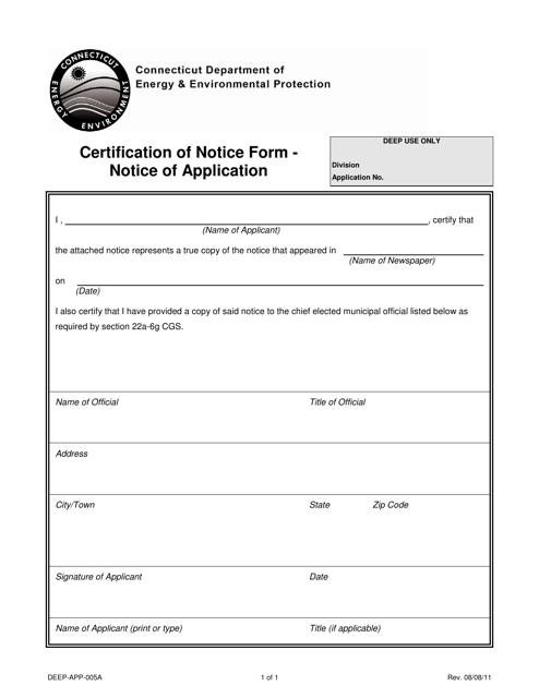 Form DEEP-APP-005A Certification of Notice Form - Notice of Application - Connecticut