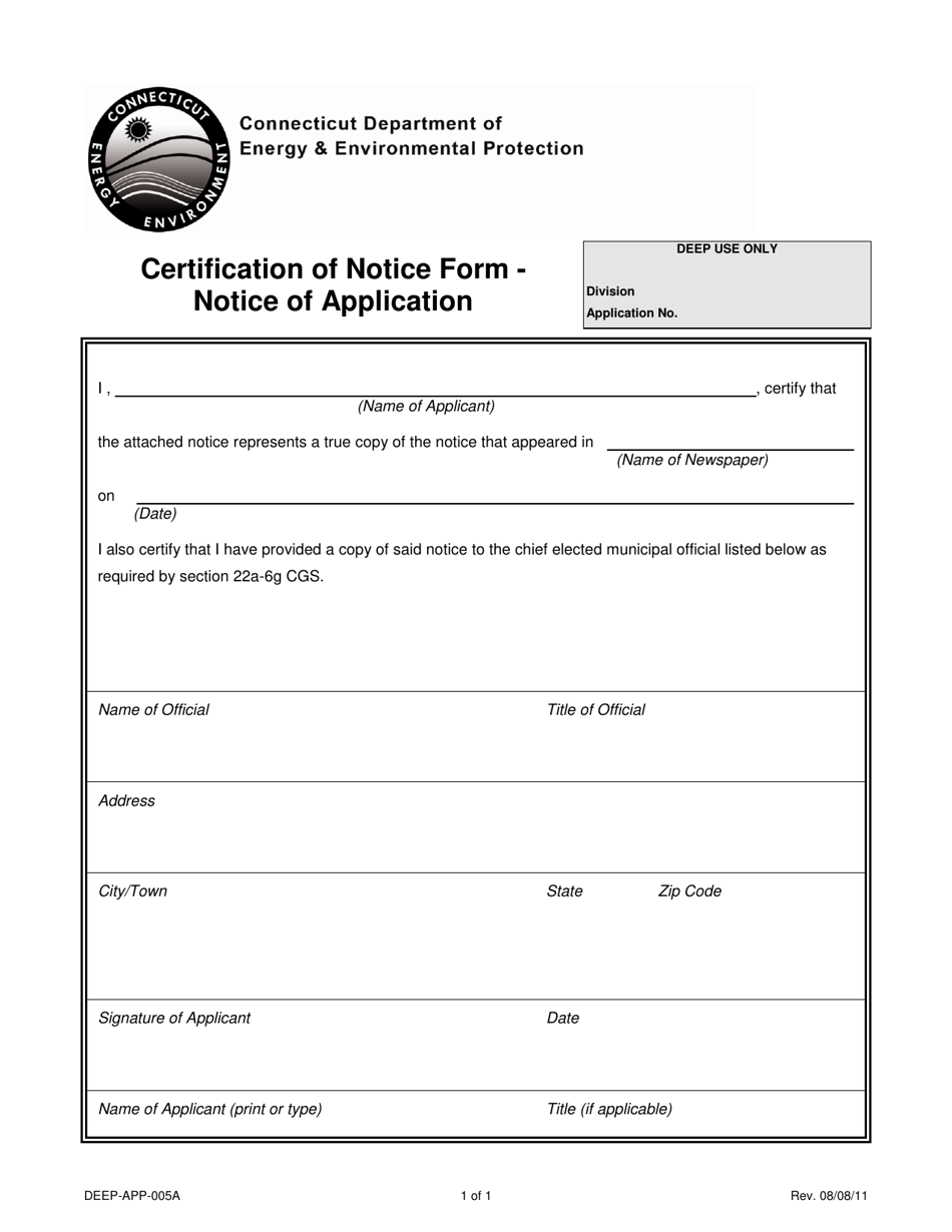 Form DEEP-APP-005A Certification of Notice Form - Notice of Application - Connecticut, Page 1