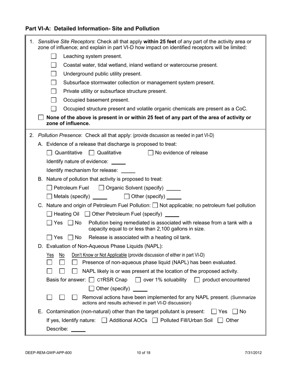 Form DEEP-REM-GWP-APP-600 Application for Emergency or Temporary Authorization to Discharge to Groundwater to Remediate Pollution - Connecticut, Page 10