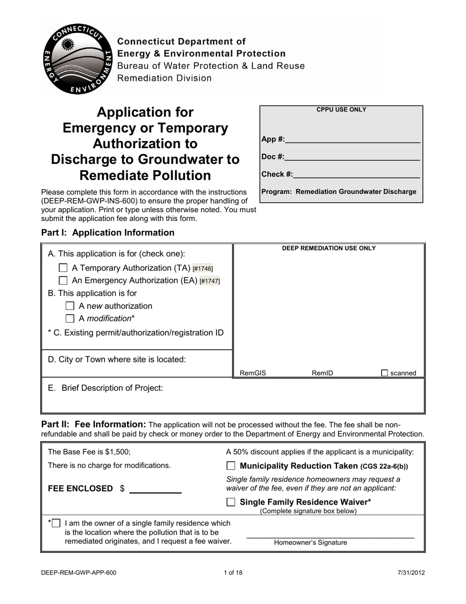 Form DEEP-REM-GWP-APP-600 Application for Emergency or Temporary Authorization to Discharge to Groundwater to Remediate Pollution - Connecticut, Page 1