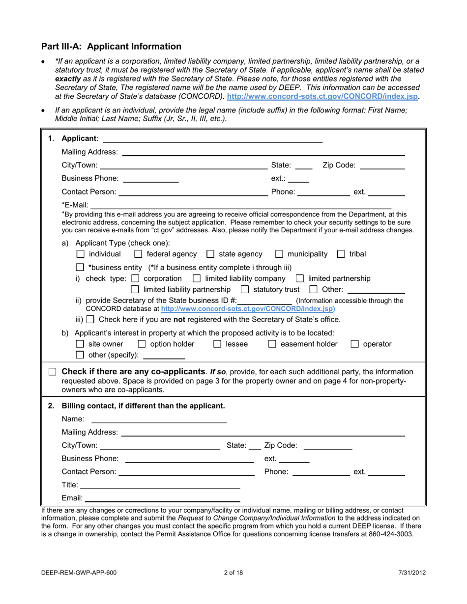 Form DEEP-REM-GWP-APP-600 Application for Emergency or Temporary Authorization to Discharge to Groundwater to Remediate Pollution - Connecticut, Page 2