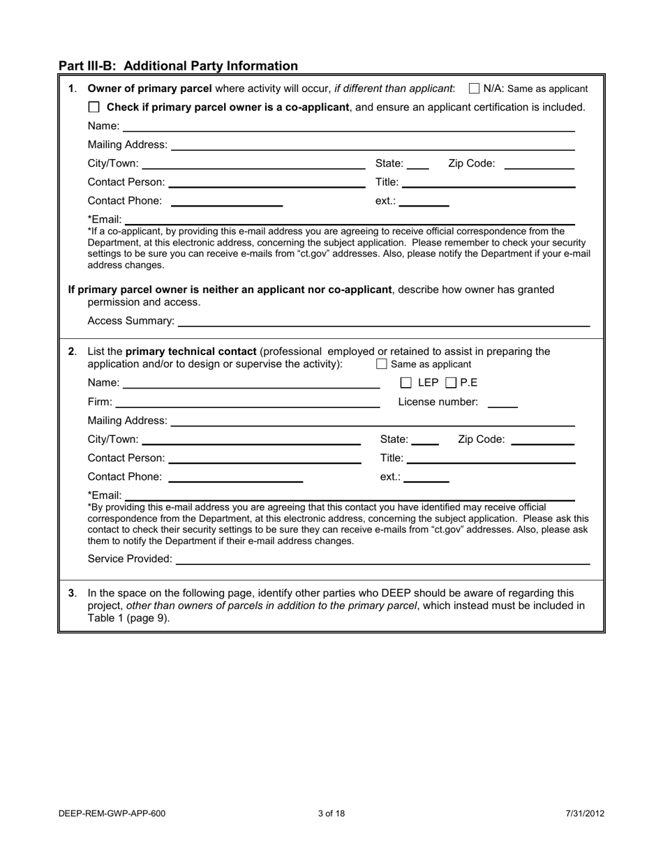 Form DEEP-REM-GWP-APP-600 Application for Emergency or Temporary Authorization to Discharge to Groundwater to Remediate Pollution - Connecticut, Page 3
