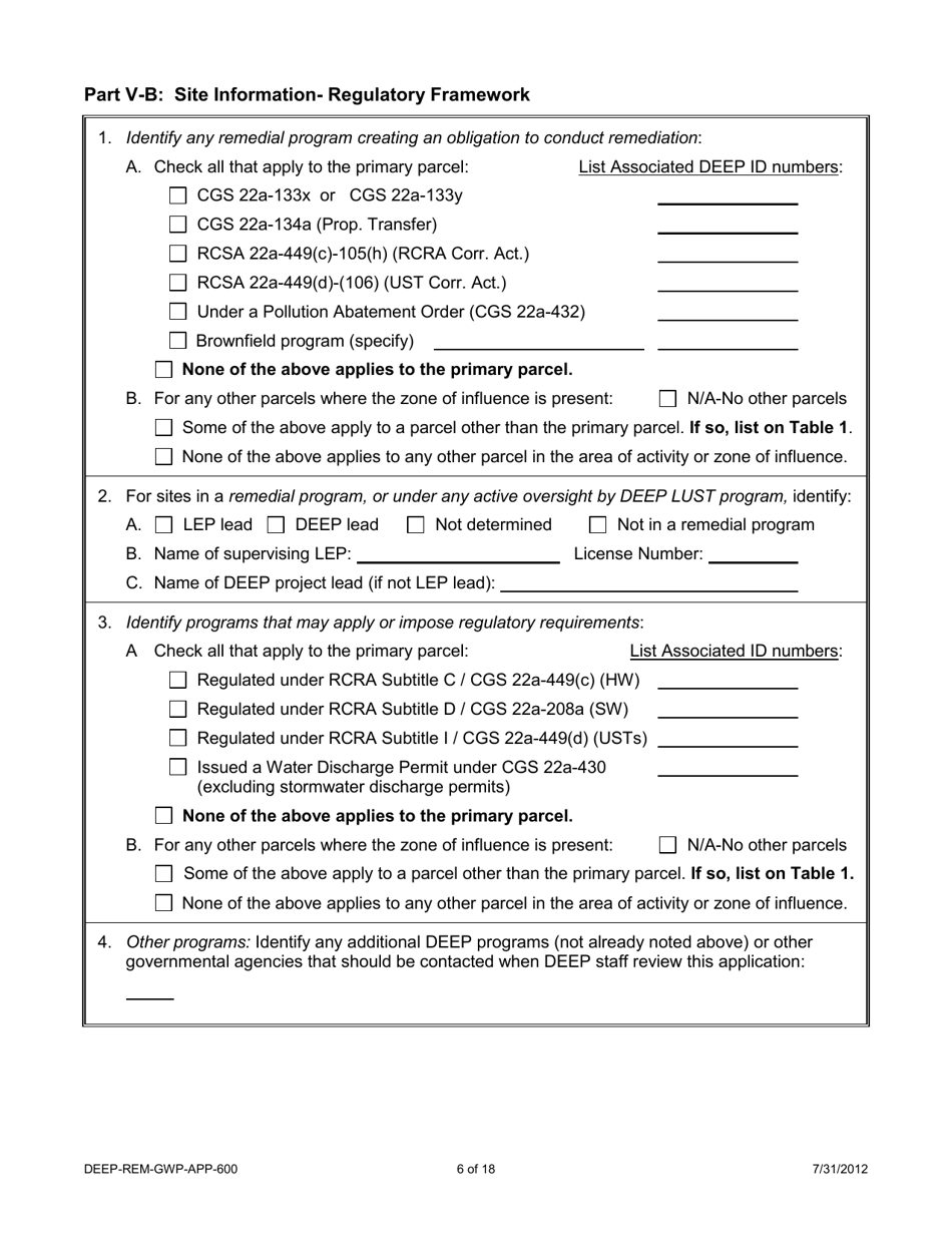 Form DEEP-REM-GWP-APP-600 Application for Emergency or Temporary Authorization to Discharge to Groundwater to Remediate Pollution - Connecticut, Page 6