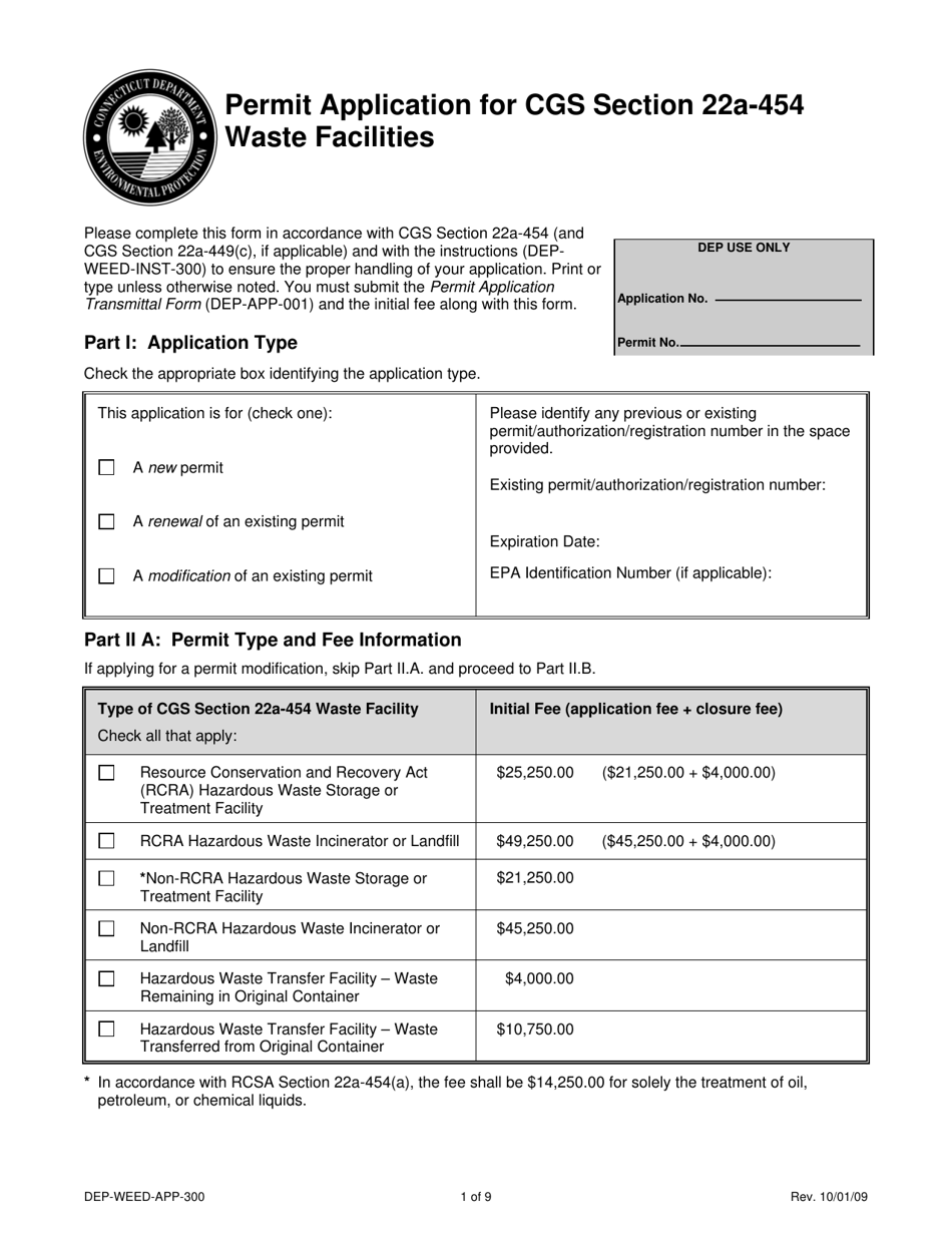 Form DEP-WEED-APP-300 Permit Application for Cgs Section 22a-454 Waste Facilities - Connecticut, Page 1