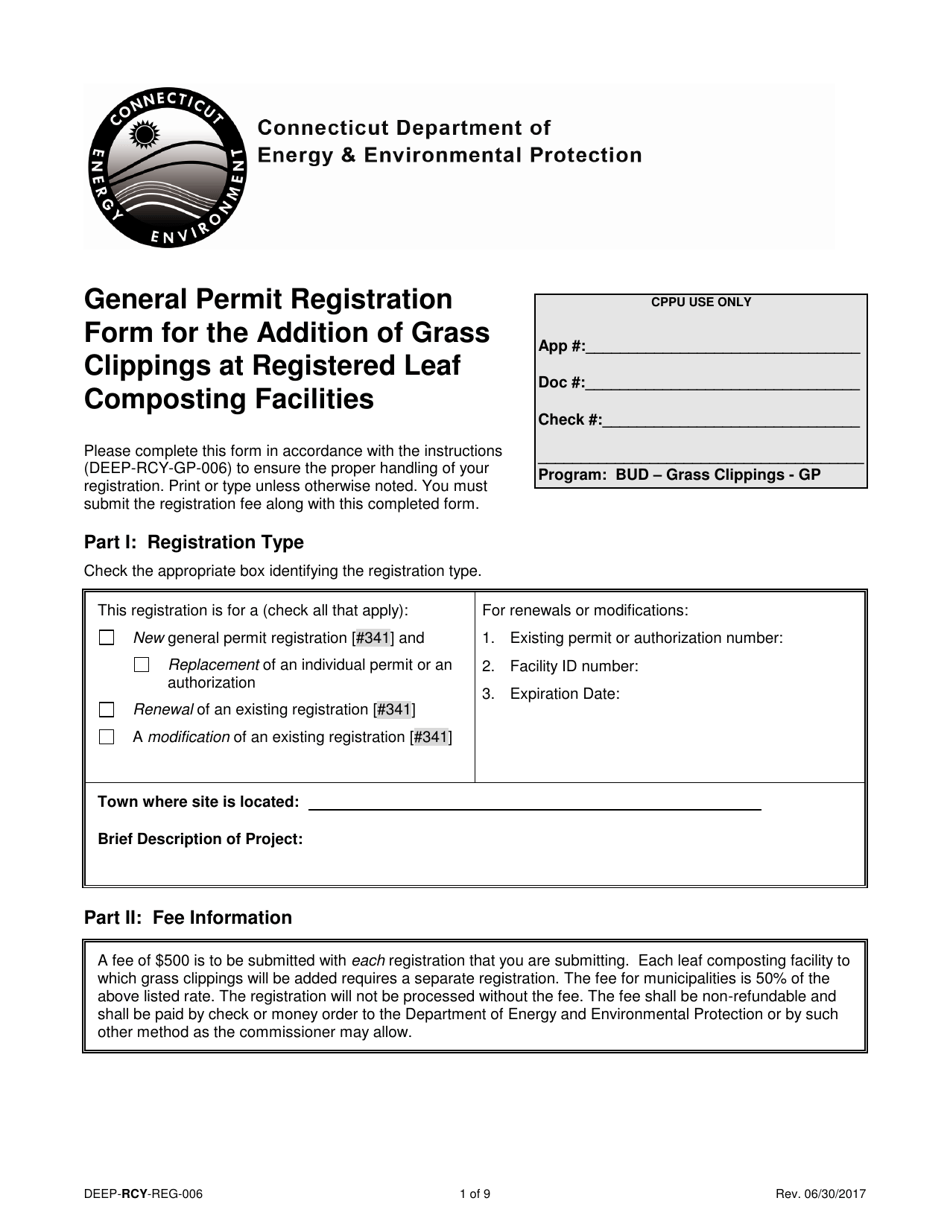 Form DEEP-RCY-REG-006 General Permit Registration Form for the Addition of Grass Clippings at Registered Leaf Composting Facilities - Connecticut, Page 1