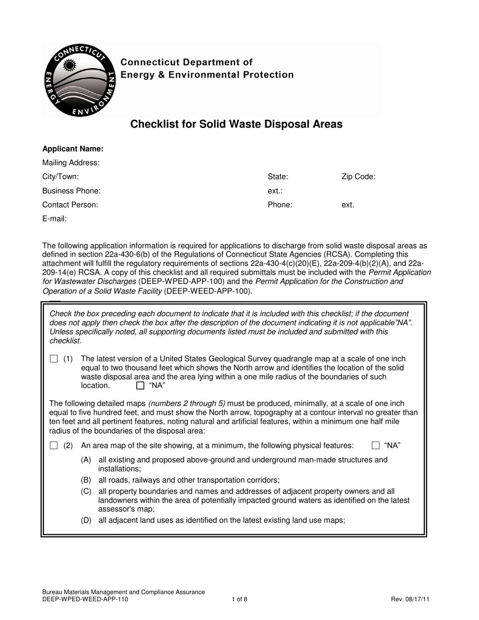 Form DEEP-WPED-WEED-APP-110 Checklist for Solid Waste Disposal Areas - Connecticut, Page 1