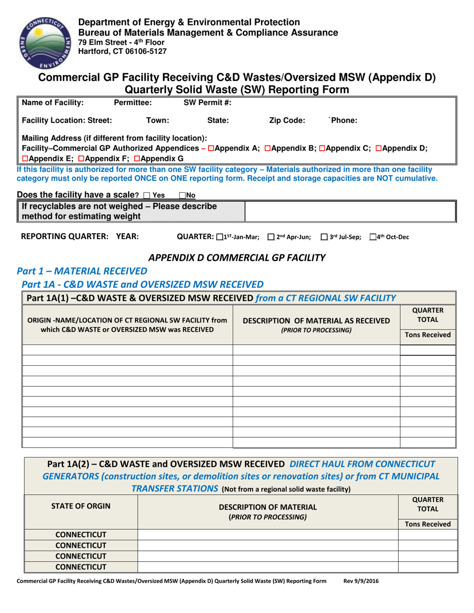 Appendix D Commercial Gp Facility Receiving Cd Wastes / Oversized Msw Quarterly Solid Waste (SW) Reporting Form - Connecticut, Page 1