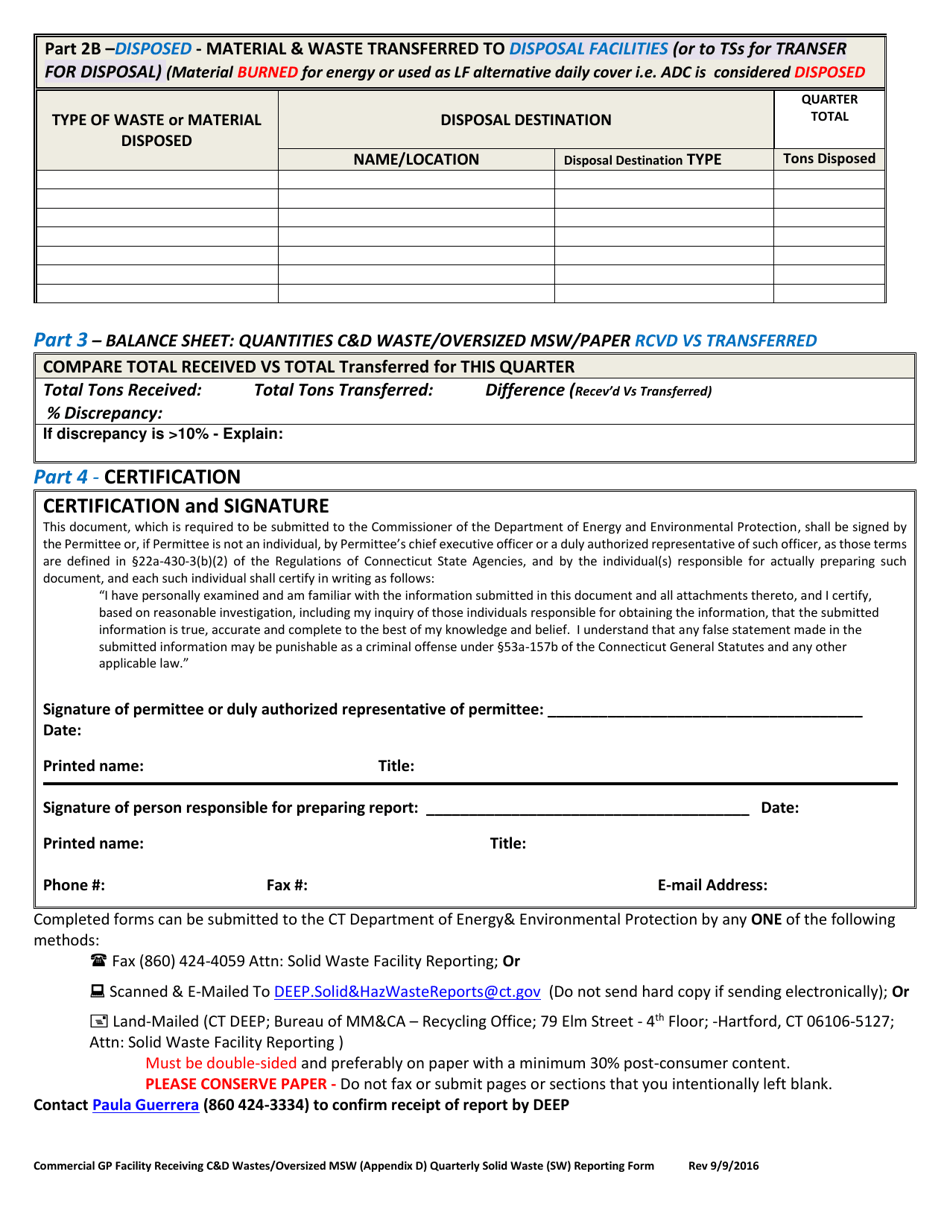 Appendix D Commercial Gp Facility Receiving Cd Wastes / Oversized Msw Quarterly Solid Waste (SW) Reporting Form - Connecticut, Page 4