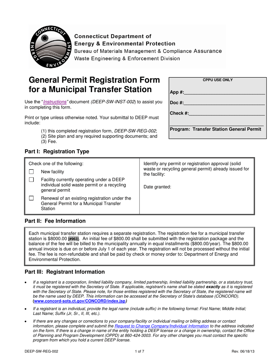 Form DEEP-SW-REG-002 General Permit Registration Form for a Municipal Transfer Station - Connecticut, Page 1
