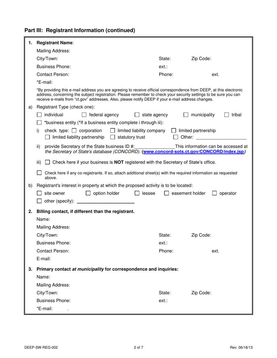 Form DEEP-SW-REG-002 General Permit Registration Form for a Municipal Transfer Station - Connecticut, Page 2