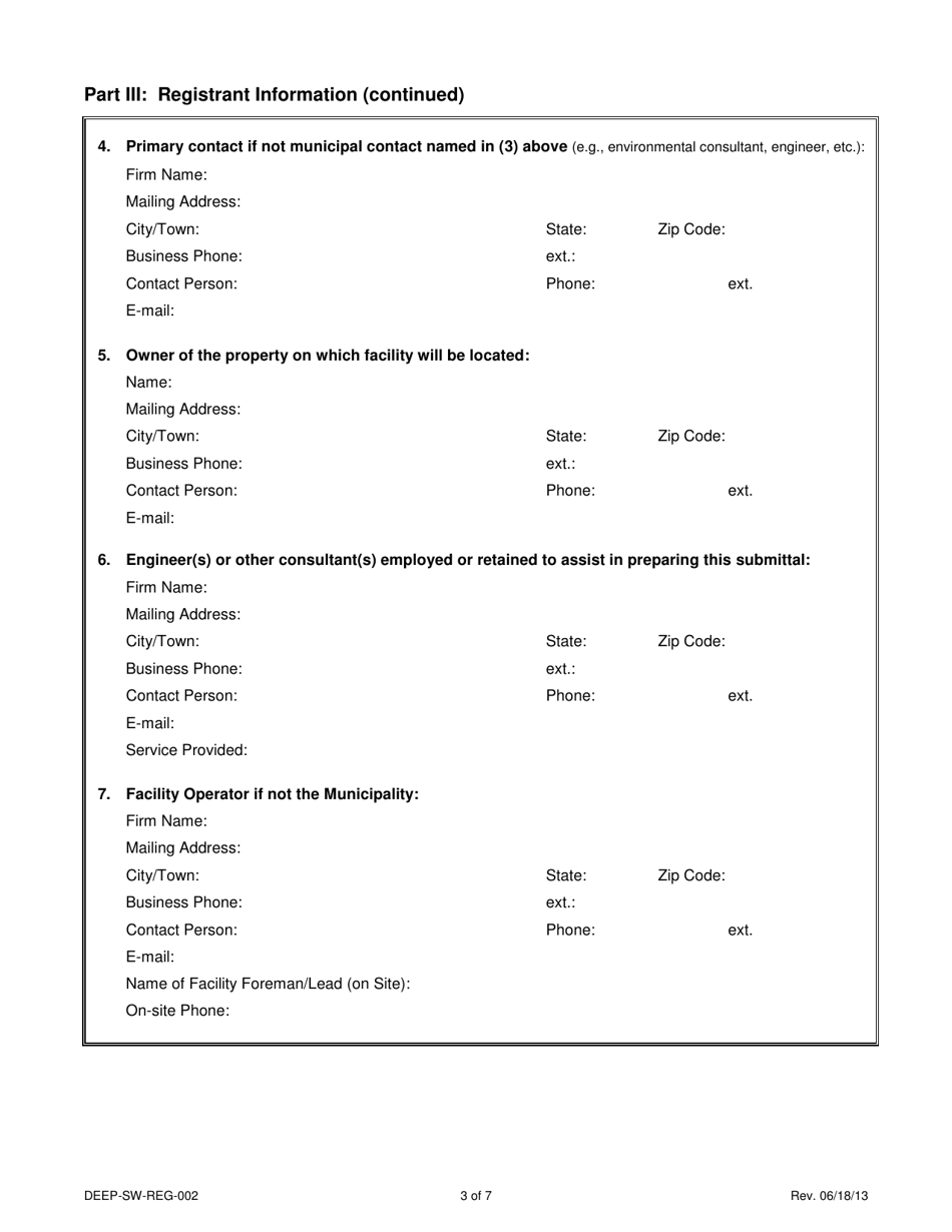 Form DEEP-SW-REG-002 General Permit Registration Form for a Municipal Transfer Station - Connecticut, Page 3