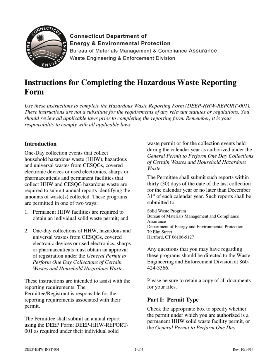Instructions for Form DEEP-HHW-REPORT-001 Hazardous Waste Reporting Form - Connecticut, Page 1