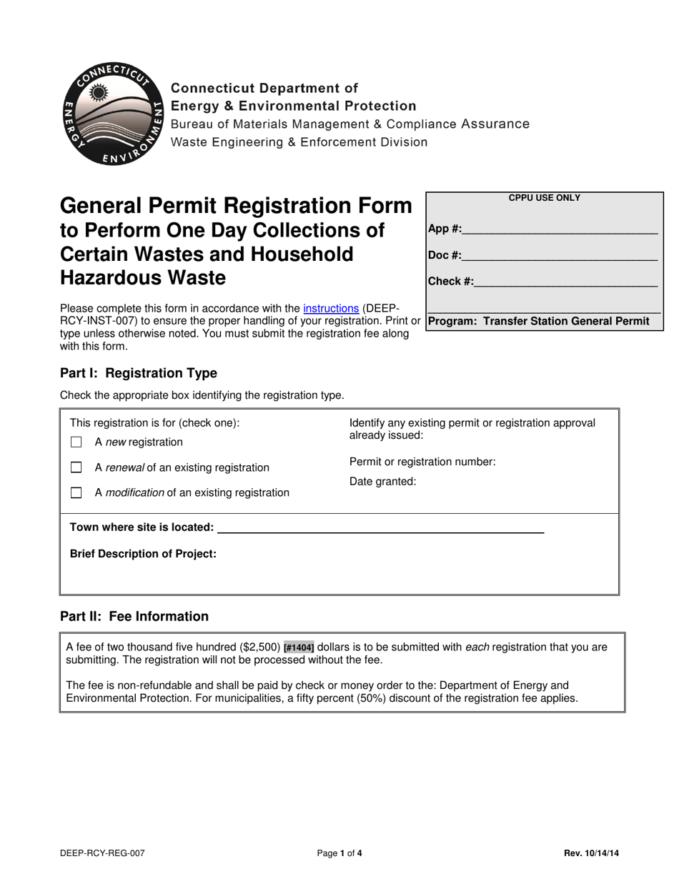 Form DEEP-RCY-REG-007 General Permit Registration Form to Perform One Day Collections of Certain Wastes and Household Hazardous Waste - Connecticut, Page 1
