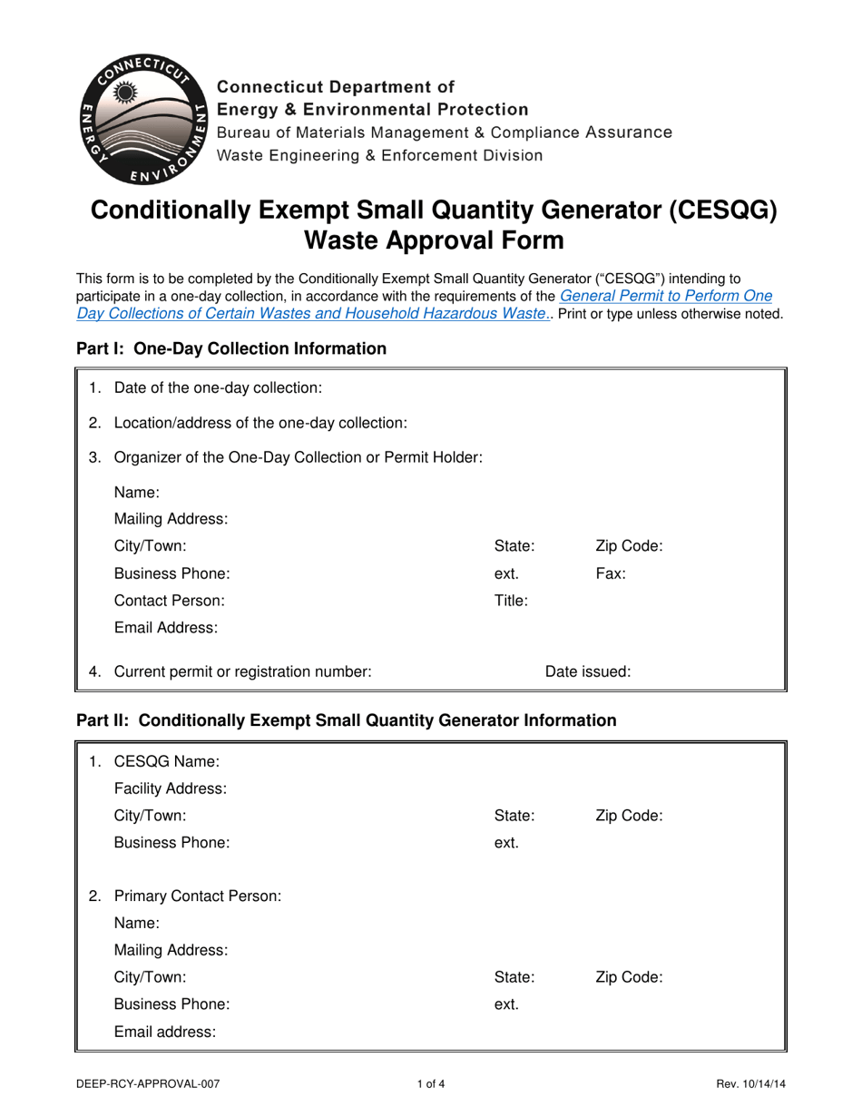 Form DEEP-RCY-APPROVAL-007 Conditionally Exempt Small Quantity Generator (Cesqg) Waste Approval Form - Connecticut, Page 1