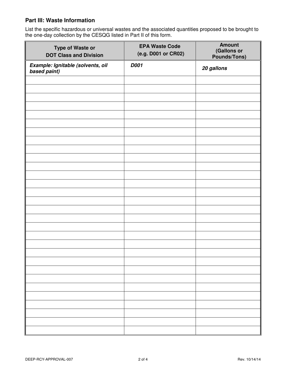 Form DEEP-RCY-APPROVAL-007 Conditionally Exempt Small Quantity Generator (Cesqg) Waste Approval Form - Connecticut, Page 2