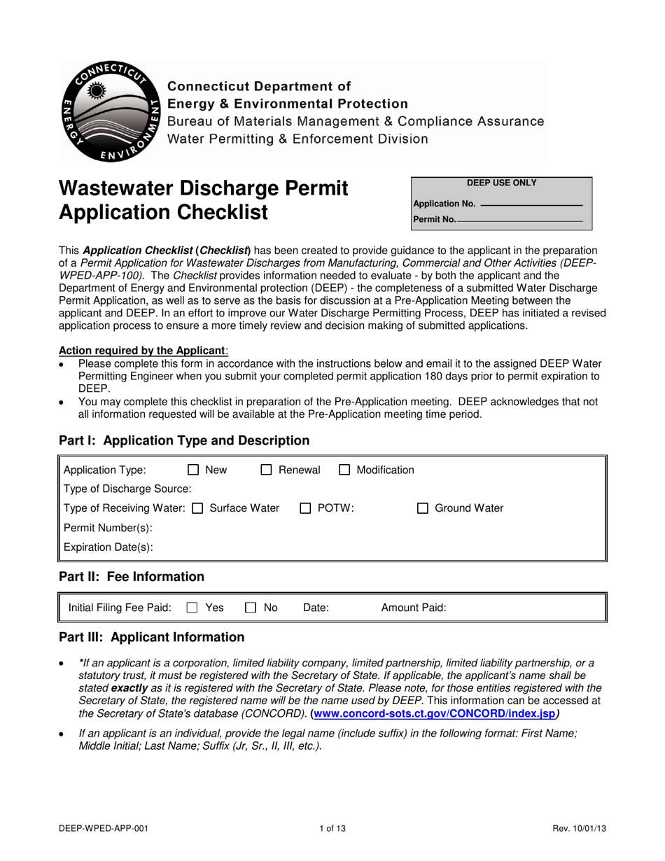 Form DEEP-WPED-APP-001 Wastewater Discharge Permit Application Checklist - Connecticut, Page 1