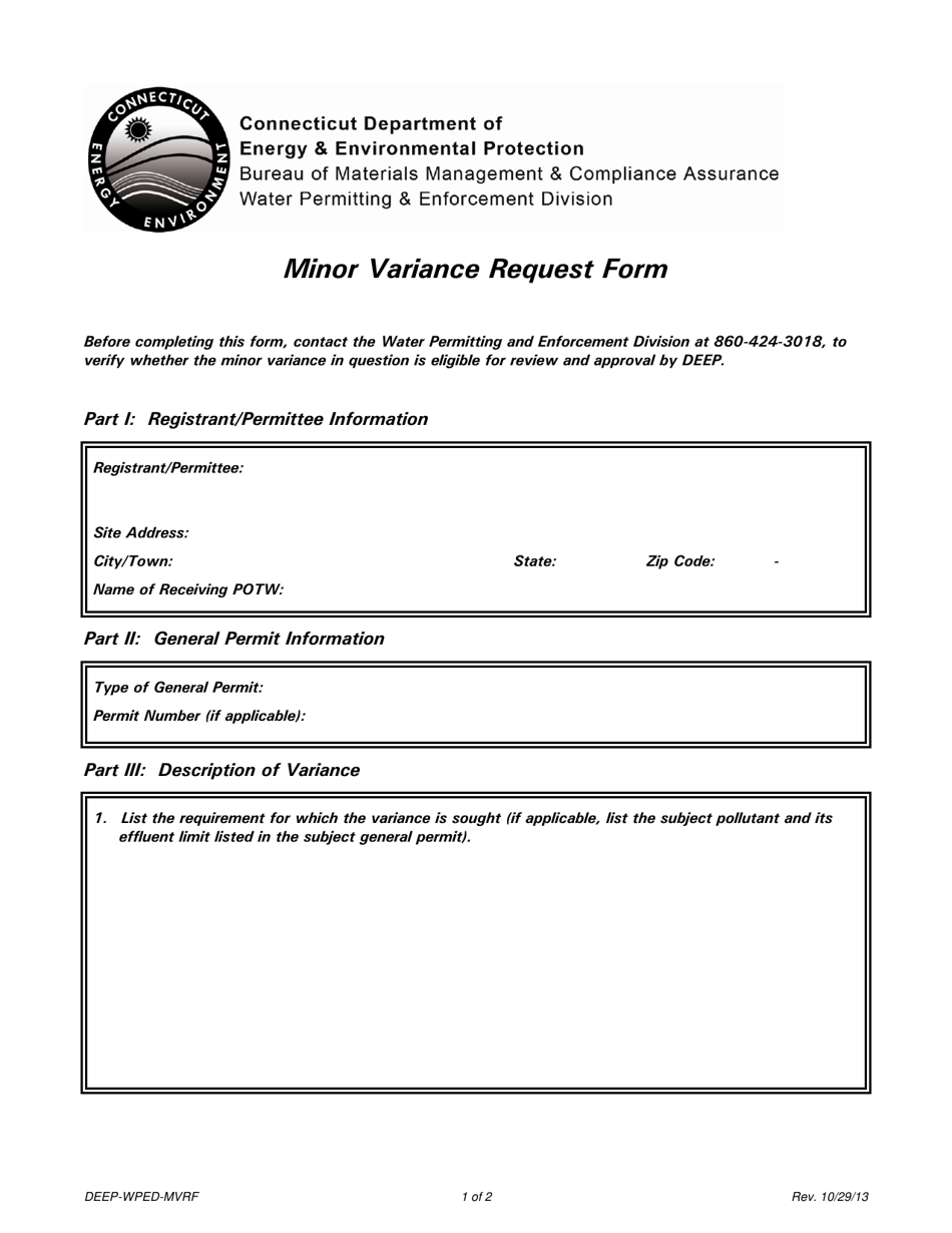 Form DEEP-WPED-MVRF Minor Variance Request Form - Connecticut, Page 1