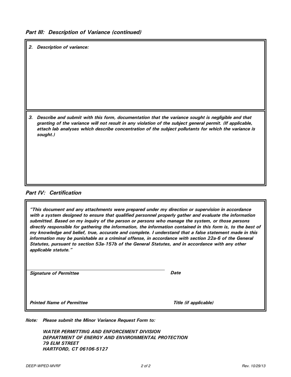 Form DEEP-WPED-MVRF Minor Variance Request Form - Connecticut, Page 2