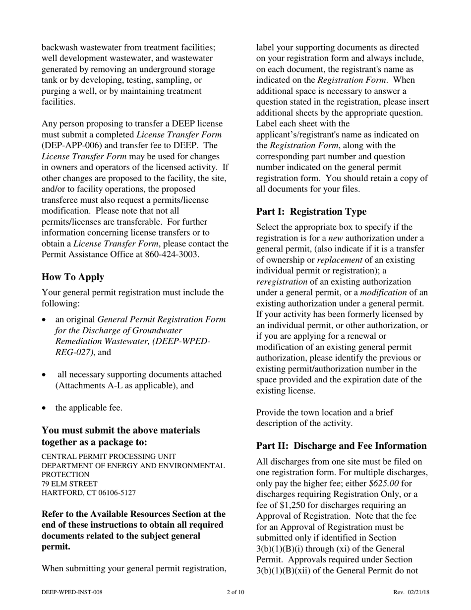 Instructions for Form DEEP-WPED-REG-027 General Permit Registration Form for the Discharge of Groundwater Remediation Wastewater - Connecticut, Page 2