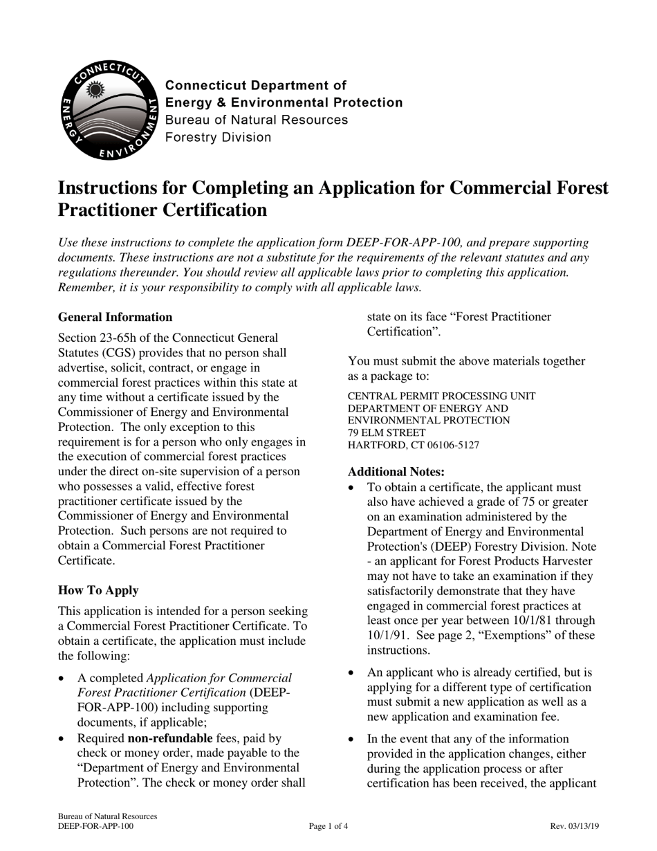 Instructions for Form DEEP-FOR-APP-100 Application for Commercial Forest Practitioner Certification - Connecticut, Page 1