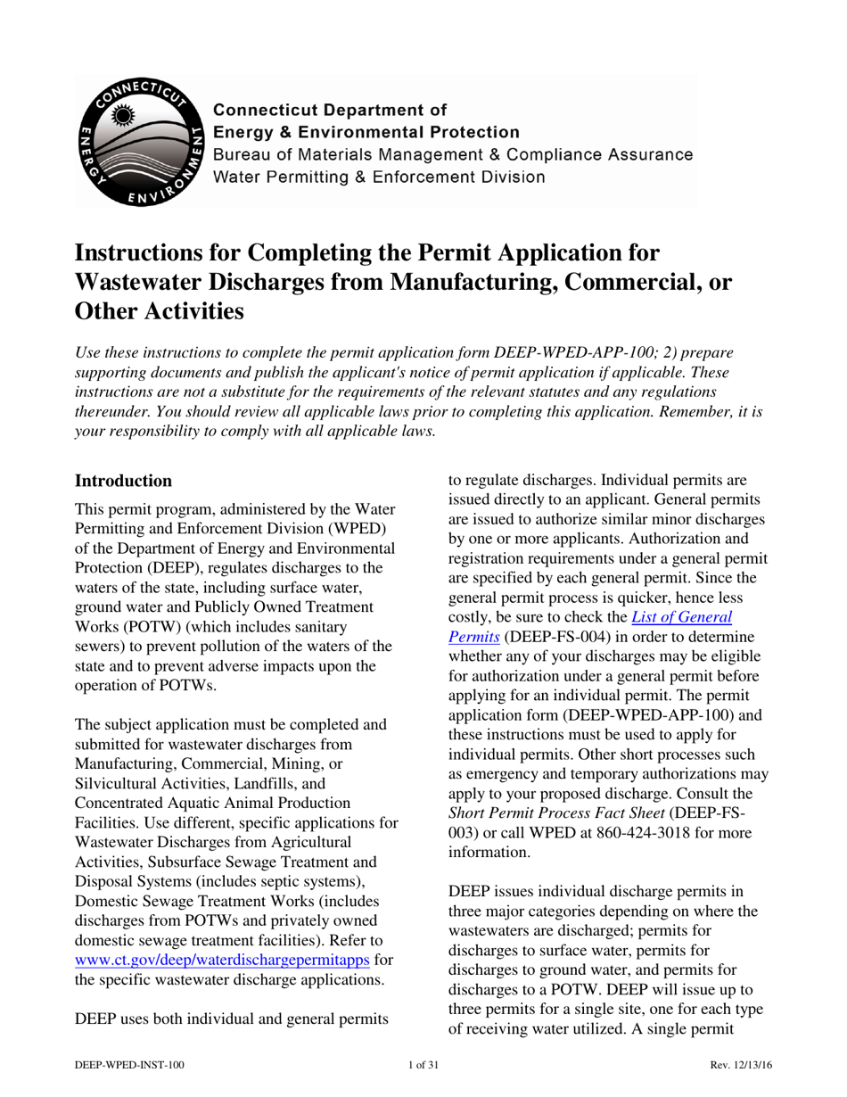 Instructions for Form DEEP-WPED-APP-100 Permit Application for Wastewater Discharges From Manufacturing, Commercial, and Other Activities - Connecticut, Page 1