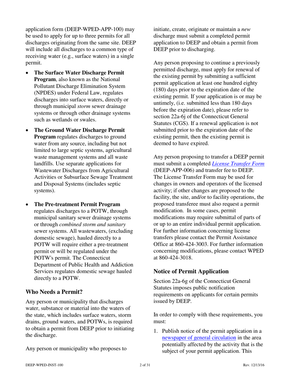 Instructions for Form DEEP-WPED-APP-100 Permit Application for Wastewater Discharges From Manufacturing, Commercial, and Other Activities - Connecticut, Page 2