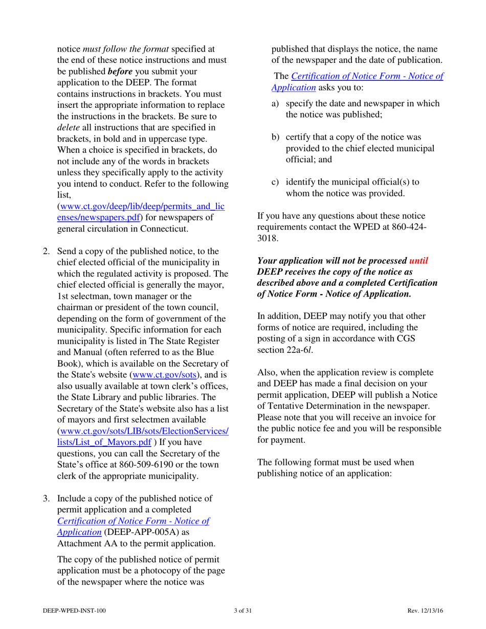 Instructions for Form DEEP-WPED-APP-100 Permit Application for Wastewater Discharges From Manufacturing, Commercial, and Other Activities - Connecticut, Page 3