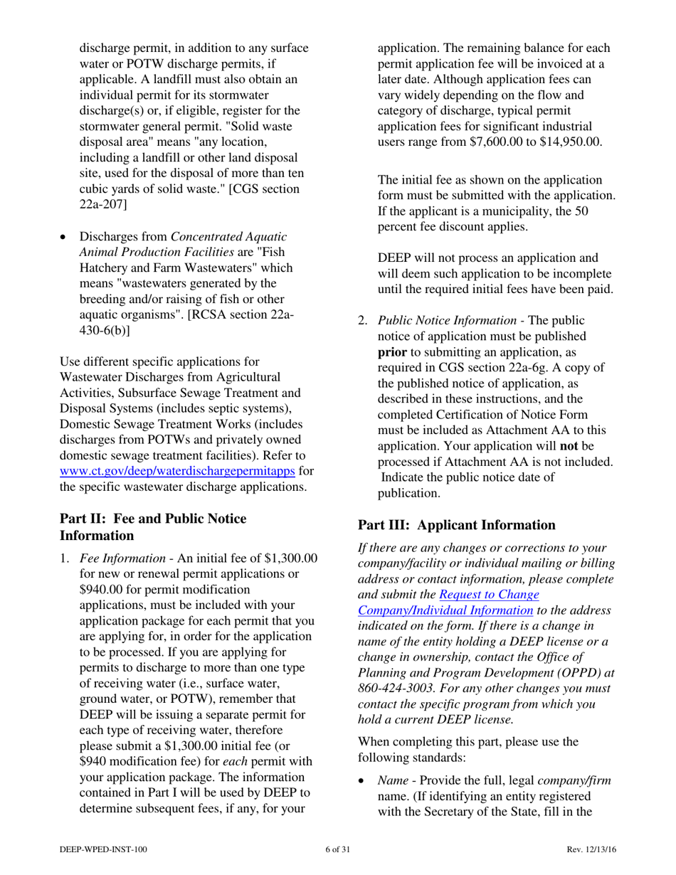 Instructions for Form DEEP-WPED-APP-100 Permit Application for Wastewater Discharges From Manufacturing, Commercial, and Other Activities - Connecticut, Page 6