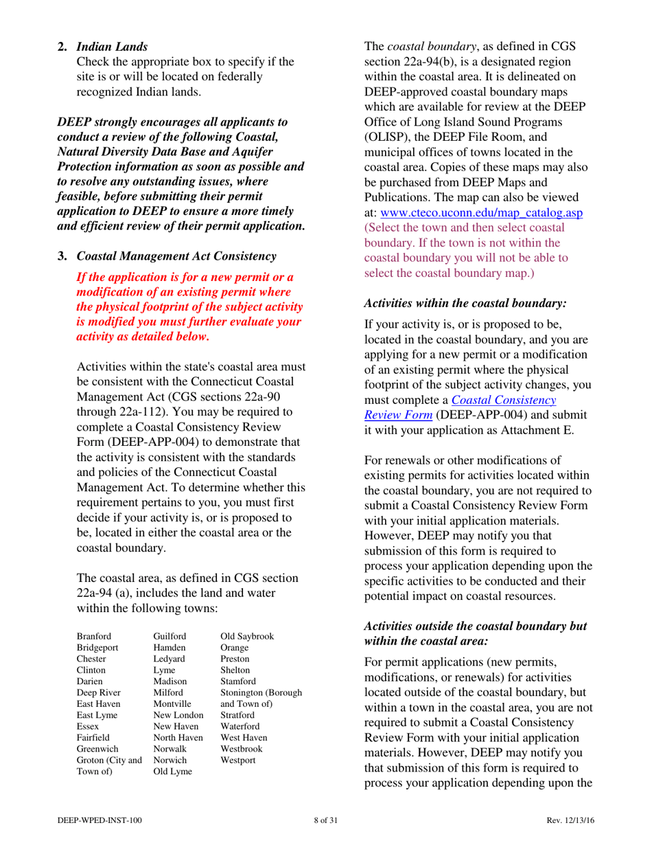 Instructions for Form DEEP-WPED-APP-100 Permit Application for Wastewater Discharges From Manufacturing, Commercial, and Other Activities - Connecticut, Page 8