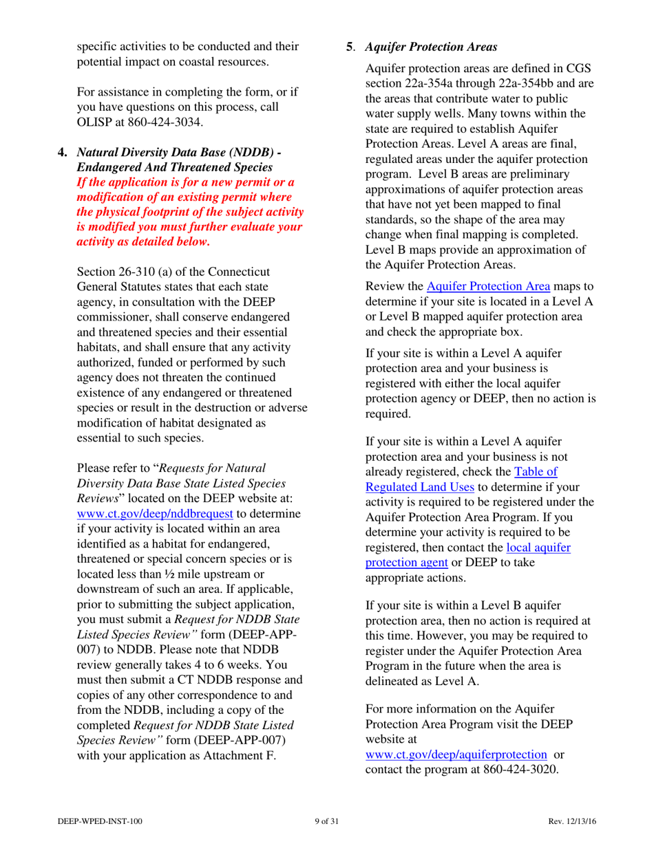 Instructions for Form DEEP-WPED-APP-100 Permit Application for Wastewater Discharges From Manufacturing, Commercial, and Other Activities - Connecticut, Page 9