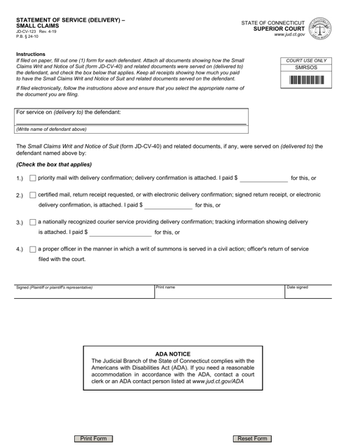 Form JD-CV-123 Statement of Service (Delivery) - Small Claims - Connecticut