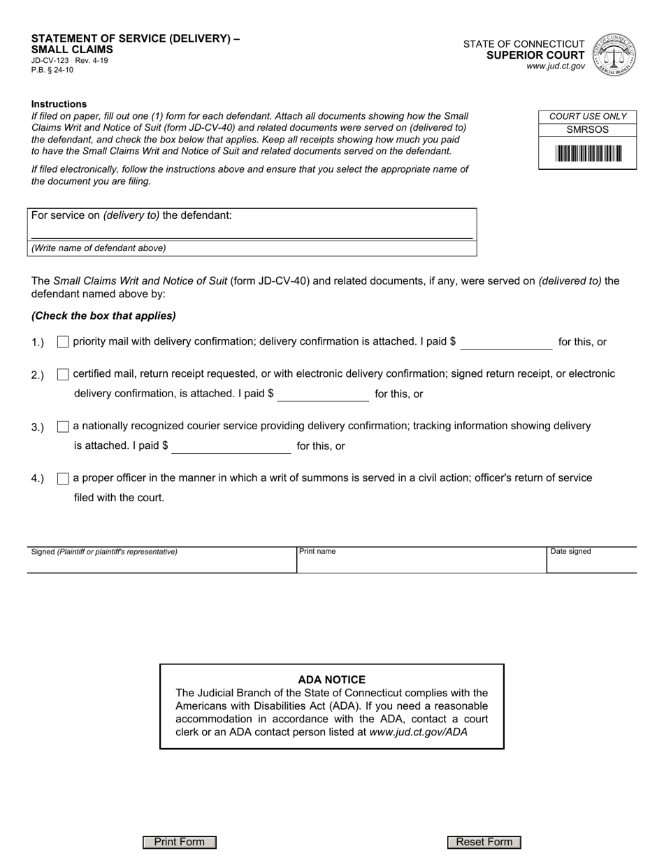 Form JD-CV-123 Statement of Service (Delivery) - Small Claims - Connecticut, Page 1