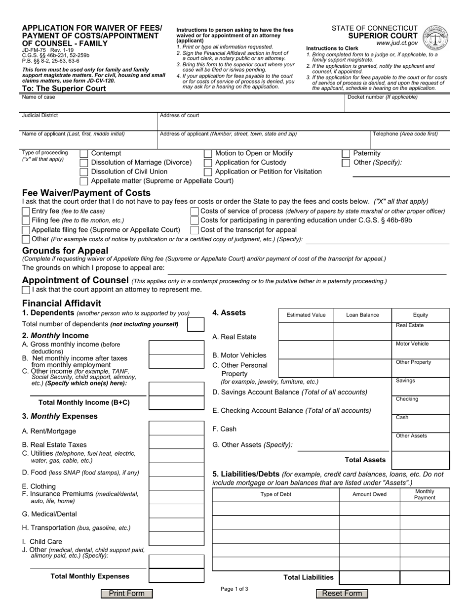 Form JD-FM-075 Application for Waiver of Fees / Payment of Costs / Appointment of Counsel - Family - Connecticut, Page 1