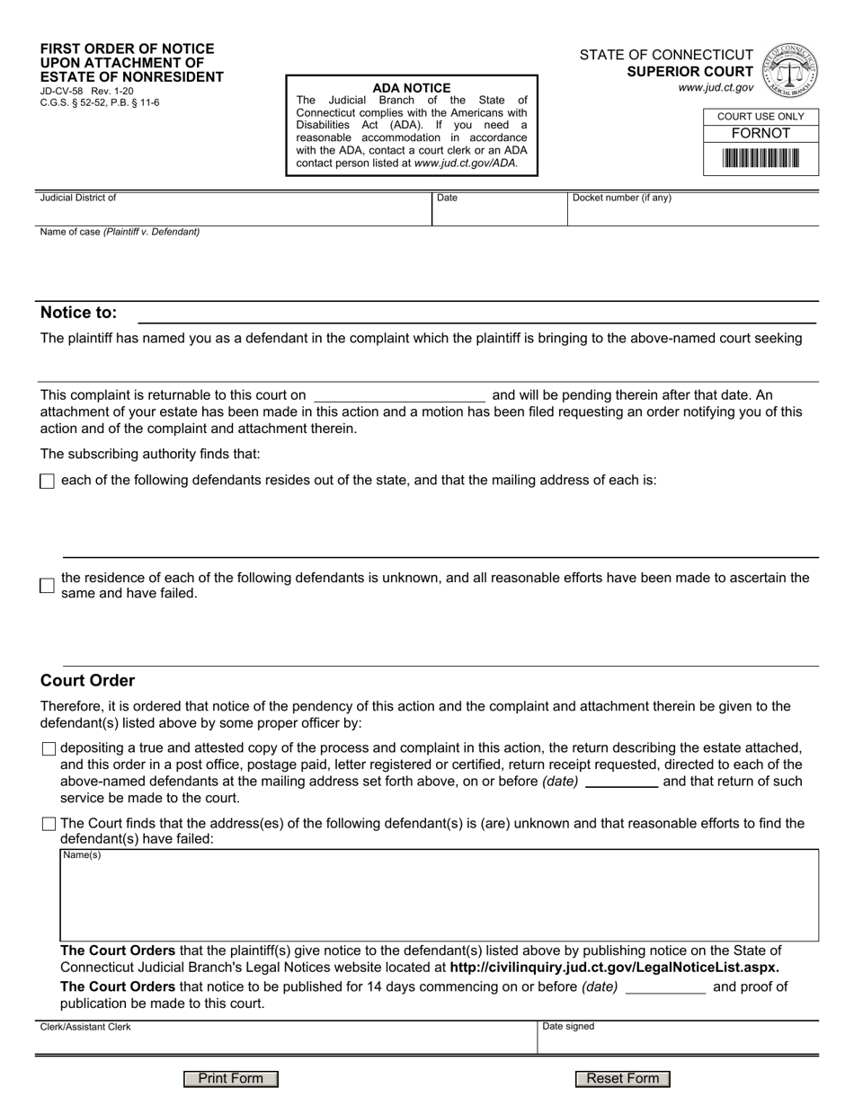 Form JD-CV-058 First Order of Notice Upon Attachment of Estate of Nonresident - Connecticut, Page 1