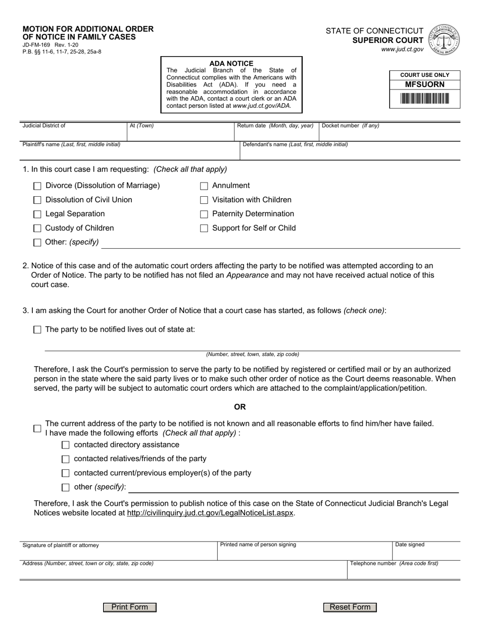 Form JD-FM-169 Motion for Additional Orders of Notice in Family Cases - Connecticut, Page 1
