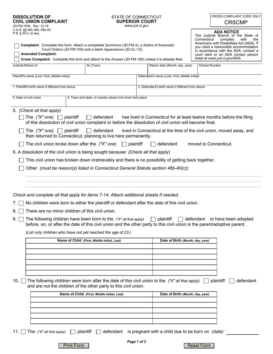 Form JD-FM-159A Dissolution of Civil Union Complaint - Connecticut, Page 1