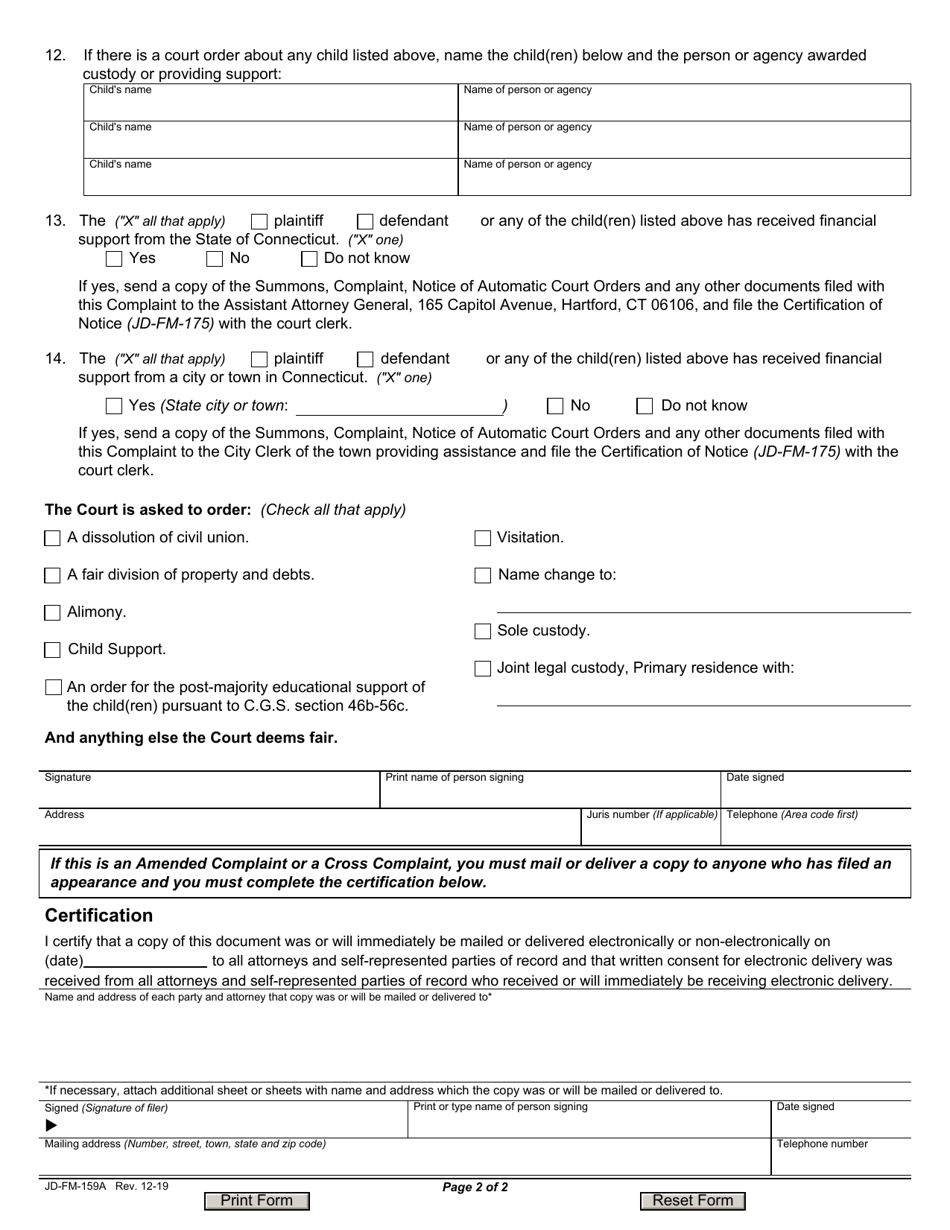 Form JD-FM-159A Dissolution of Civil Union Complaint - Connecticut, Page 2