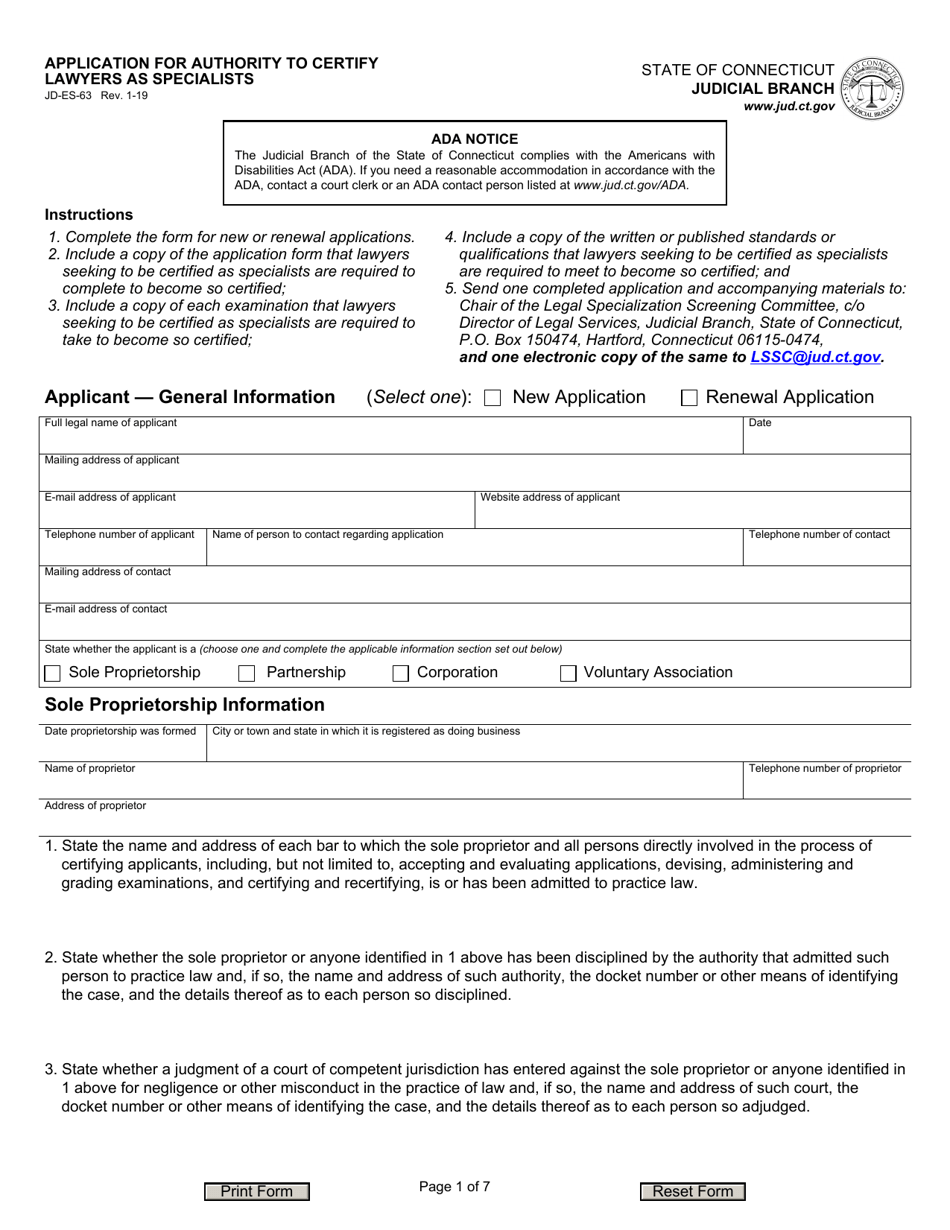 Form JD-ES-63 Application for Authority to Certify Lawyers as Specialists - Connecticut, Page 1