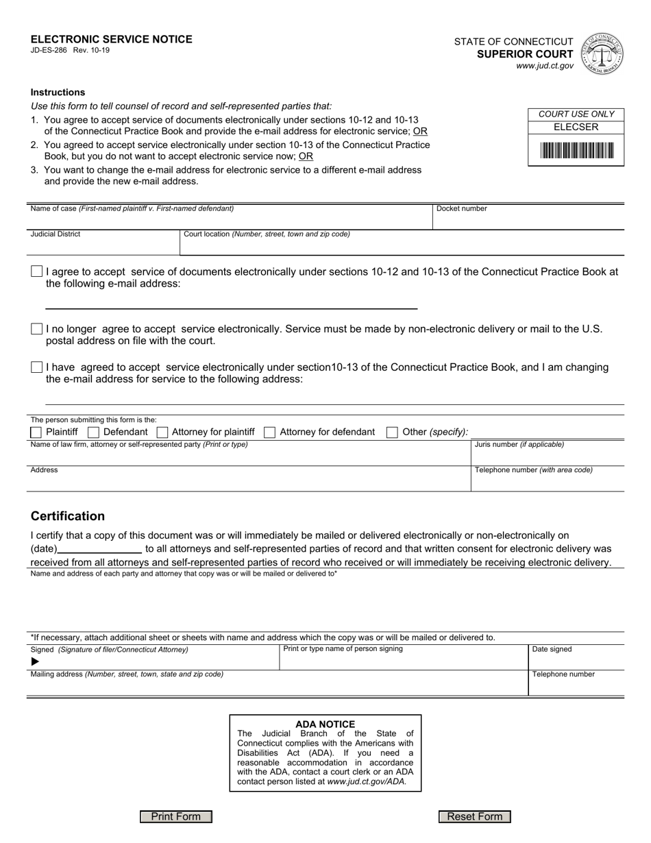 Form JD-ES-286 Electronic Service Notice - Connecticut, Page 1