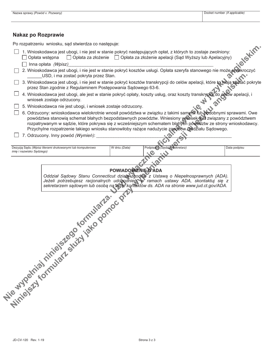 Form JD-CV-120P Application for Waiver of Fees / Payment of Costs - Civil, Housing, Small Claims, and Appellate - Connecticut (Polish), Page 3
