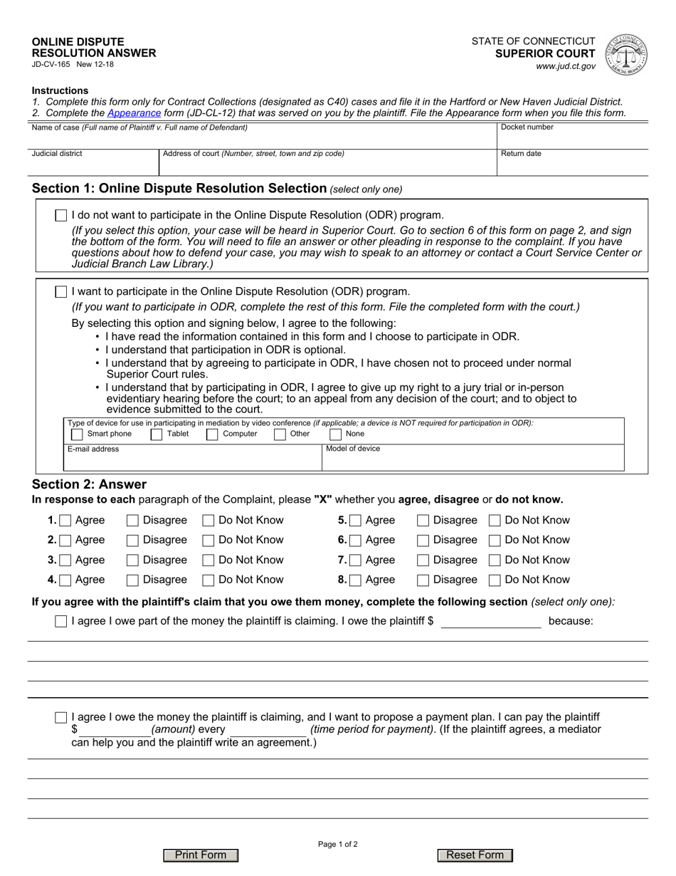 Form JD-CV-165 Online Dispute Resolution Answer - Connecticut, Page 1