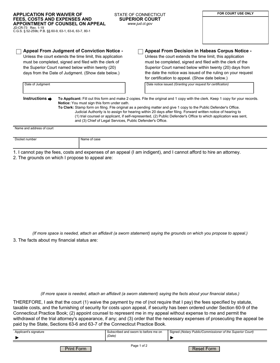 Form JD-CR-73 Application for Waiver of Fees, Costs and Expenses and Appointment of Counsel on Appeal - Connecticut, Page 1