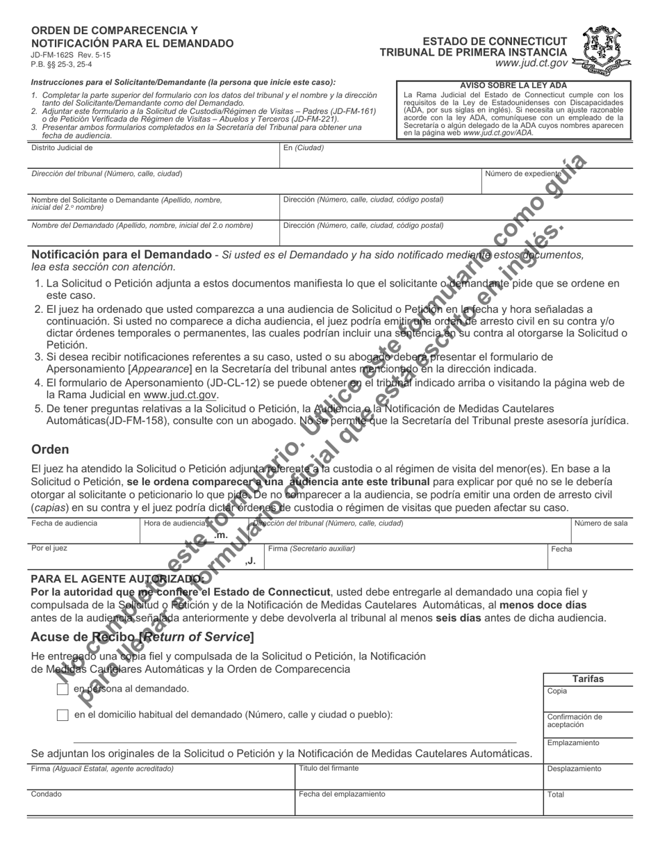 Formulario JD-FM-162S Orden De Comparecencia Y Notificacion Para El Demandado - Connecticut (Spanish), Page 1