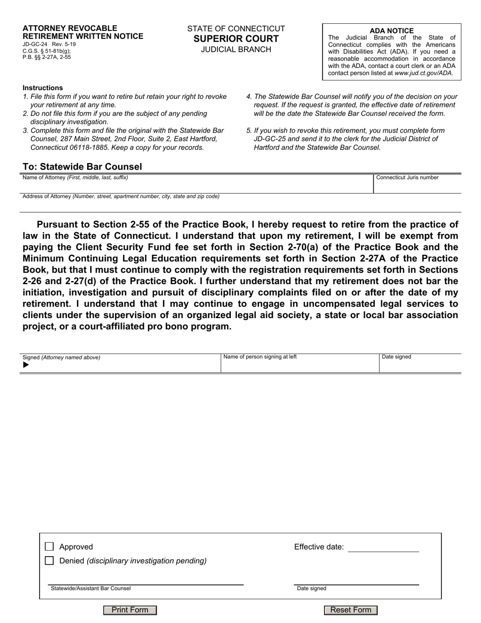 Form JD-GC-024 Attorney Revocable Retirement Written Notice - Connecticut, Page 1