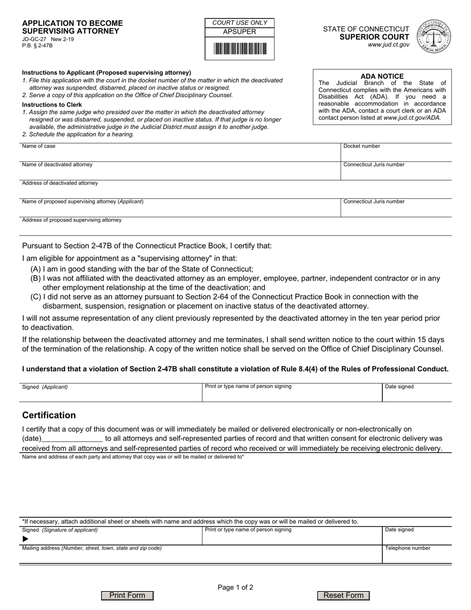 Form JD-GC-027 Application to Become Supervising Attorney - Connecticut, Page 1