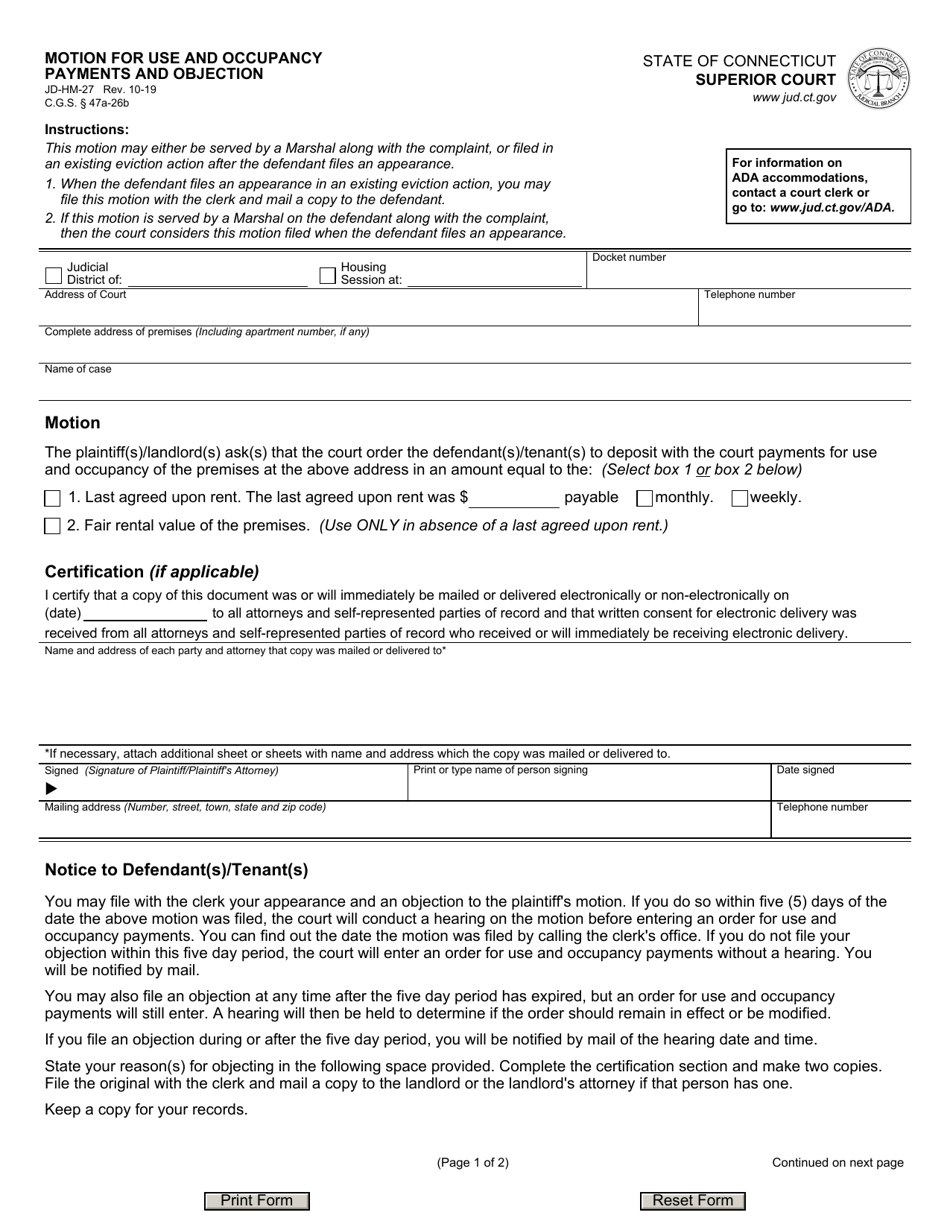Form JD-HM-027 Motion for Use and Occupancy Payments and Objection - Connecticut, Page 1