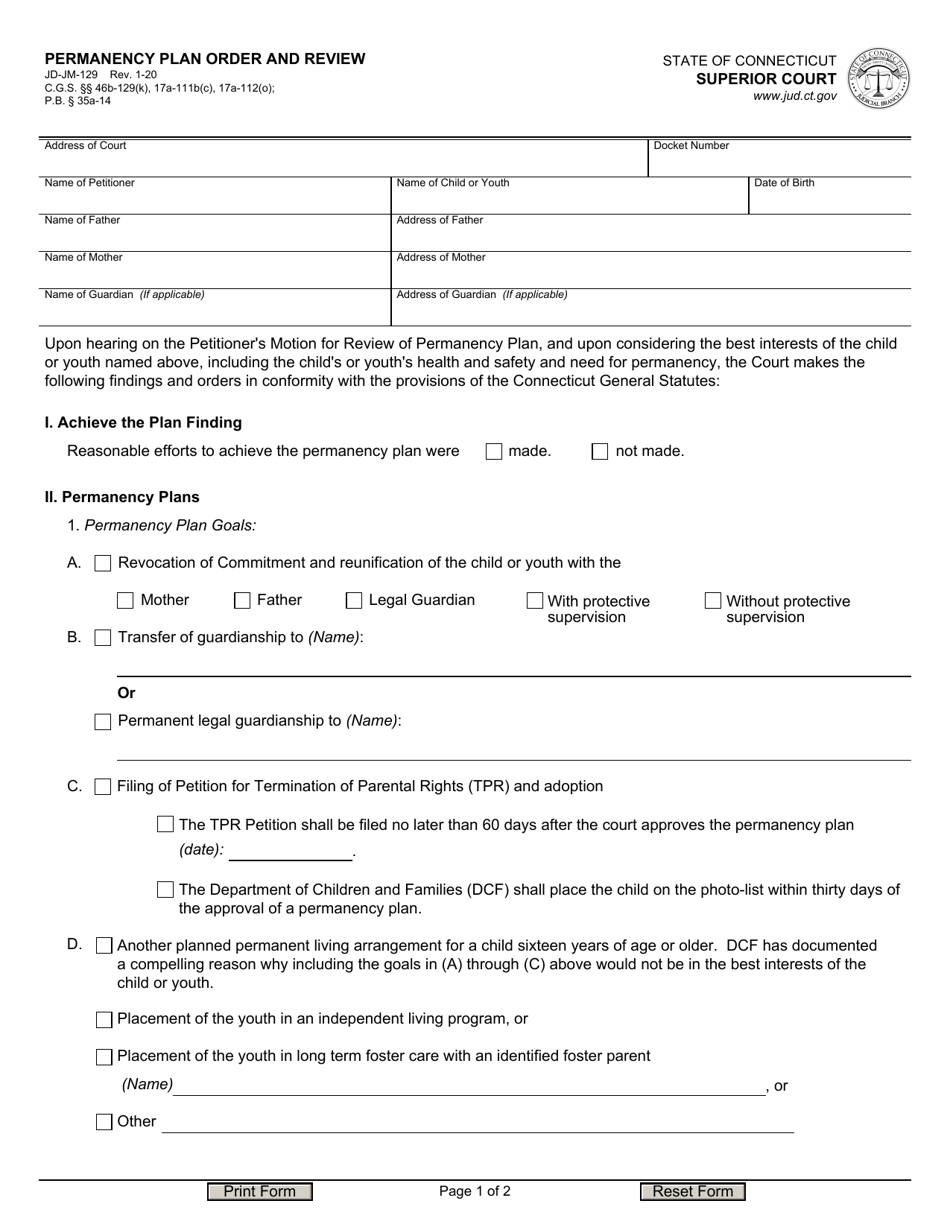 Form JD-JM-129 Permanency Plan, Order and Review - Connecticut, Page 1