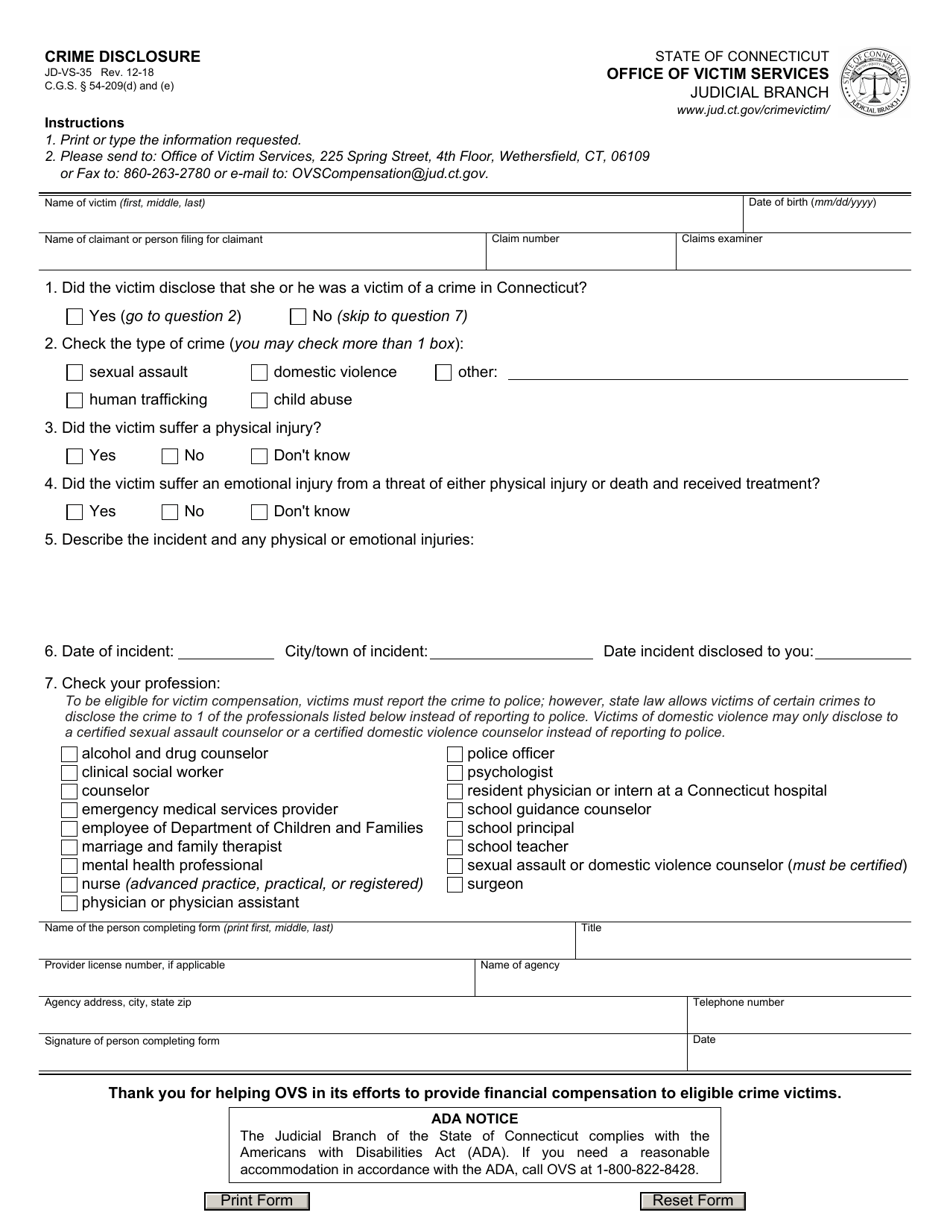 Form JD-VS-35 Crime Disclosure - Connecticut, Page 1