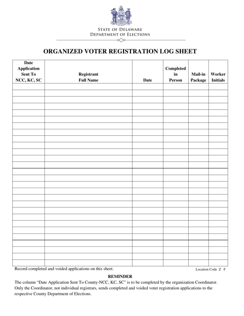 Organized Voter Registration Log Sheet - Delaware Download Pdf